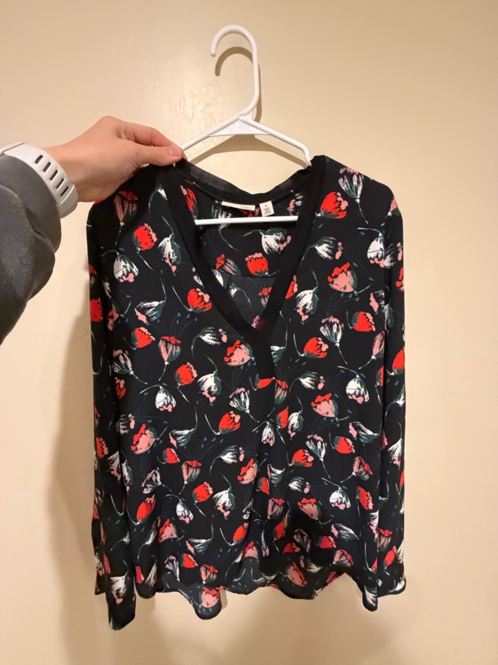 Halogen Black Blouse with Red, White & Pink Floral Print